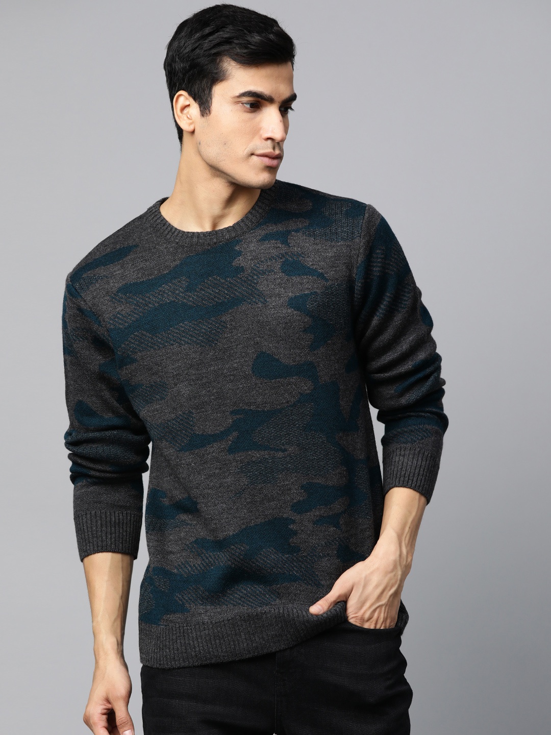 

Roadster Men Charcoal Grey & Teal Blue Abstract Self Design Pullover Sweater