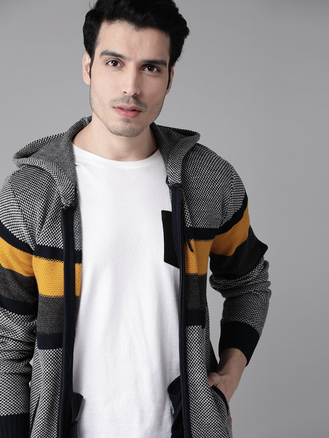 

Roadster Men Grey & Black Striped Hooded Sweatshirt