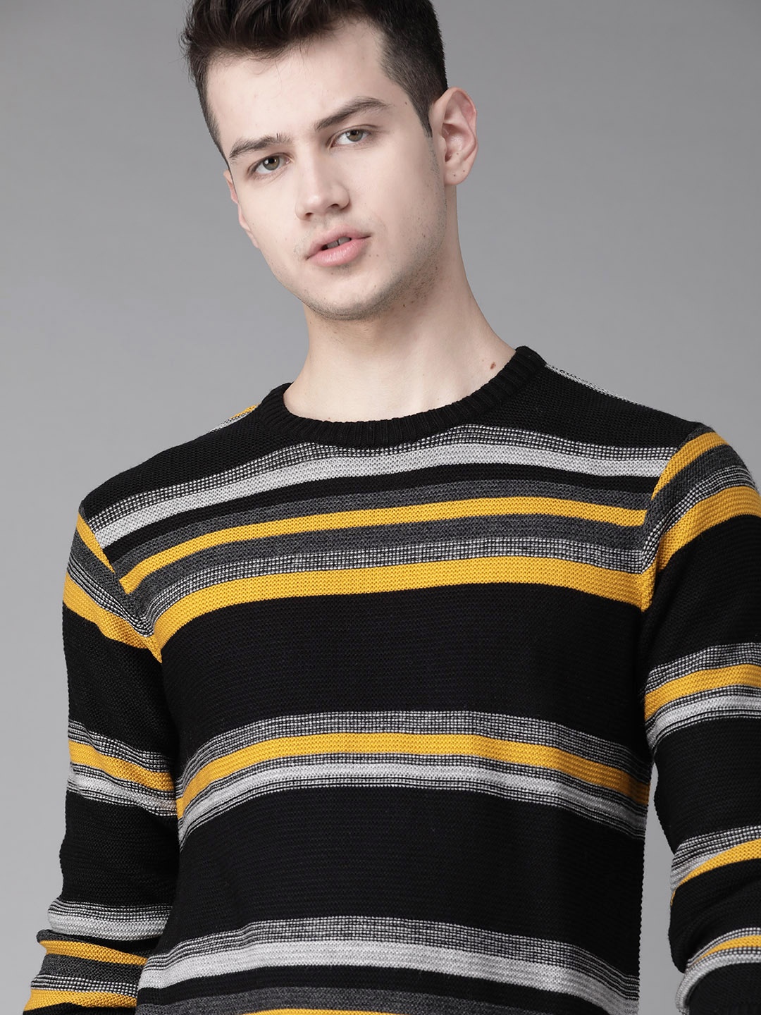 

Roadster Men Black & Mustard Yellow Striped Acrylic Sweater