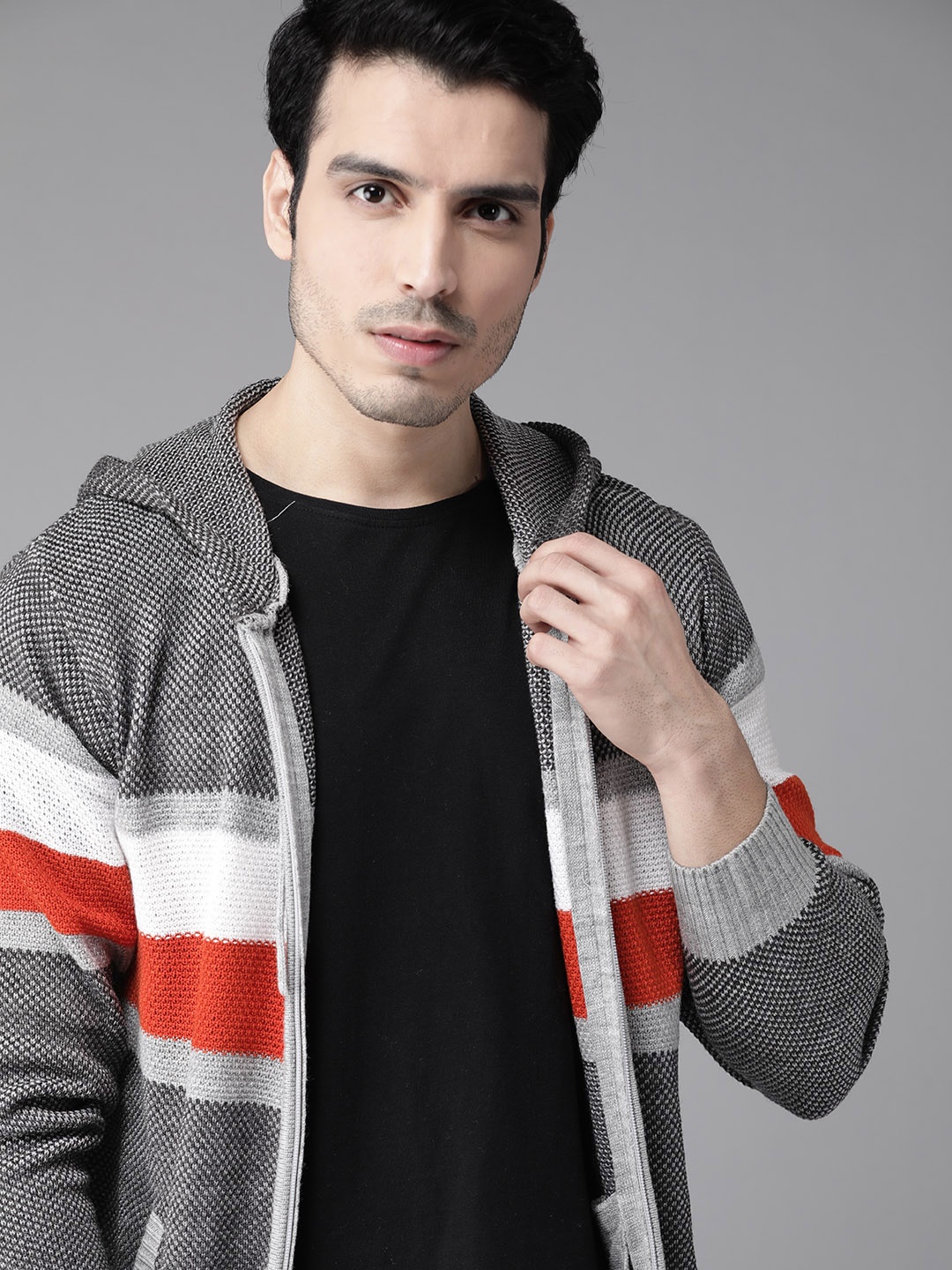 

Roadster Men Charcoal & White Striped Hooded Sweatshirt