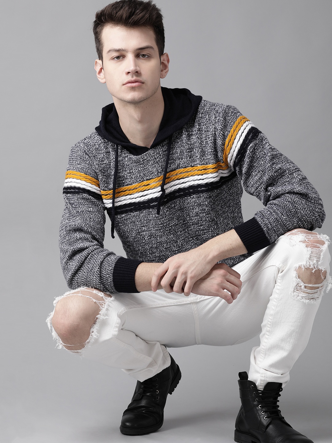 

Roadster Men Charcoal Grey & Navy Blue Striped Detail Hooded Pullover Sweater