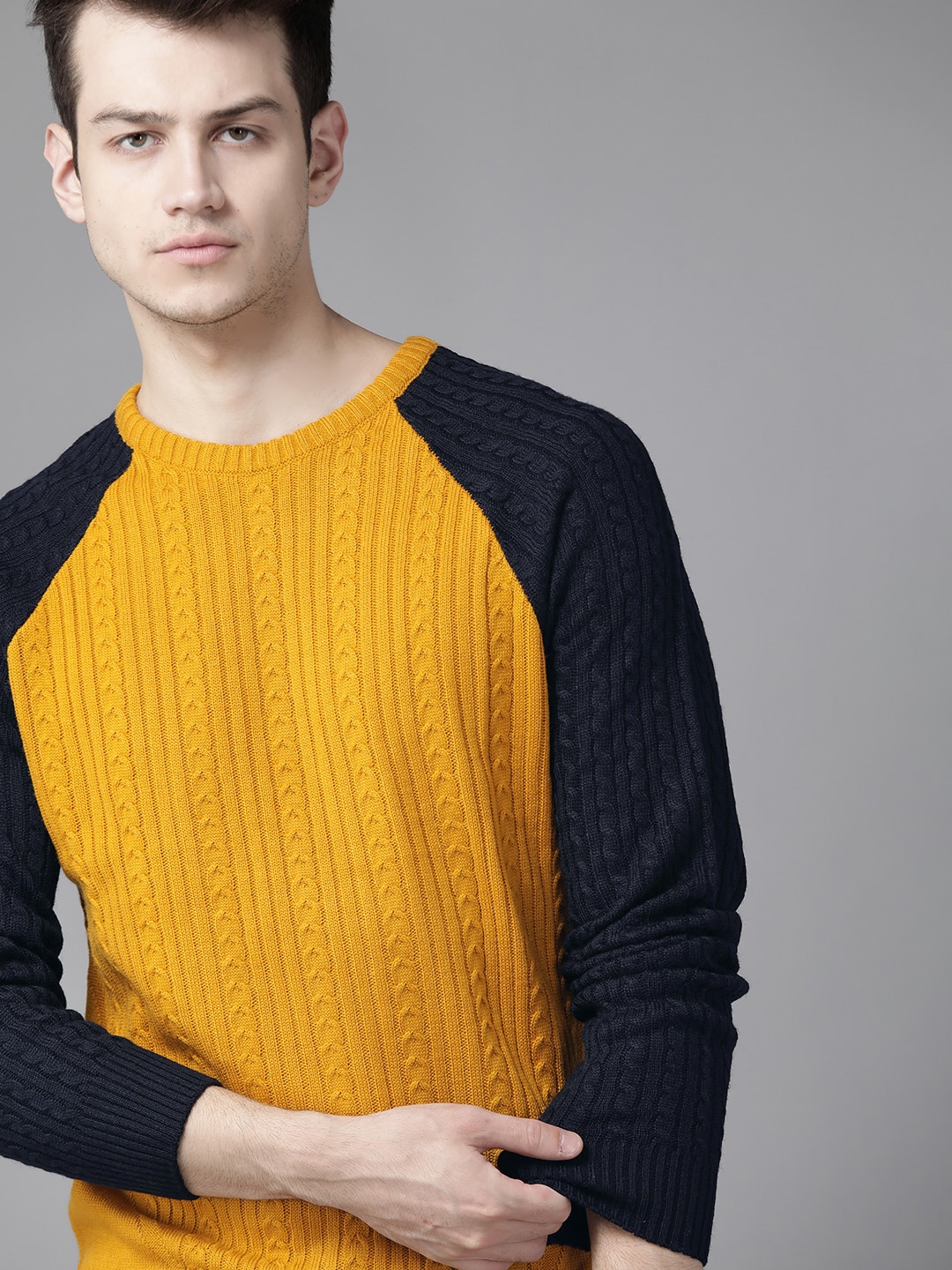 

Roadster Men Mustard Yellow & Navy Blue Cable Knitted Pullover
