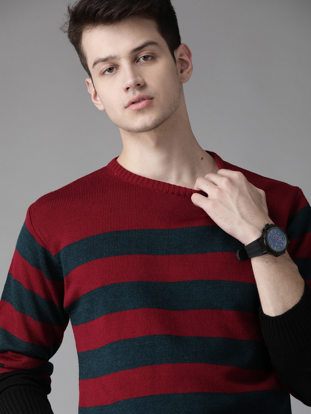 

Roadster Men Maroon & Navy Blue Striped Pullover Sweater