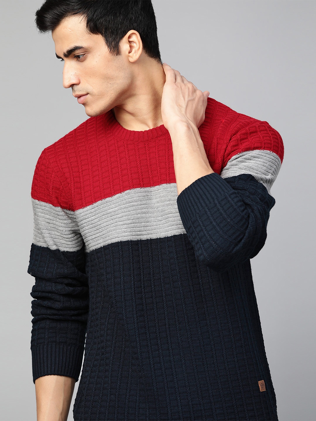 

Roadster Men Navy Blue & Red Colourblocked Pullover Sweater