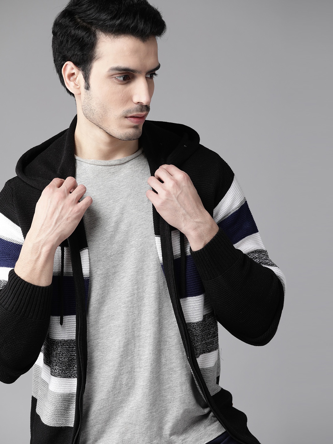 

Roadster Men Black & Grey Striped Hooded Acrylic Cardigan