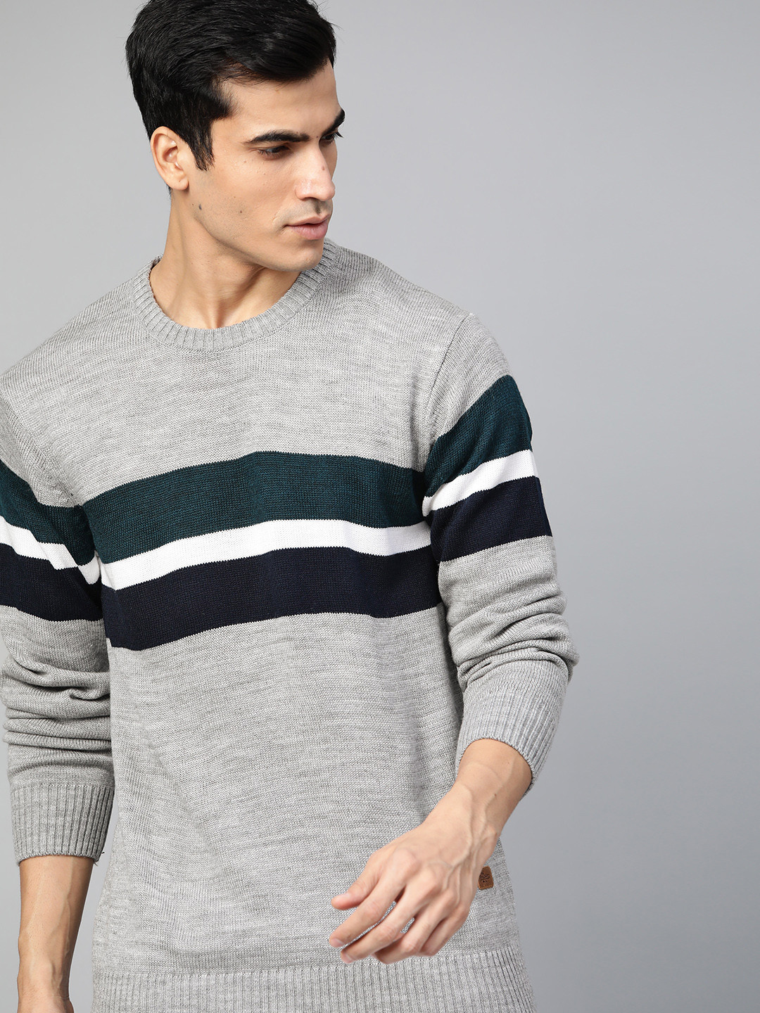 

Roadster Men Grey Melange & Black Striped Pullover Sweater