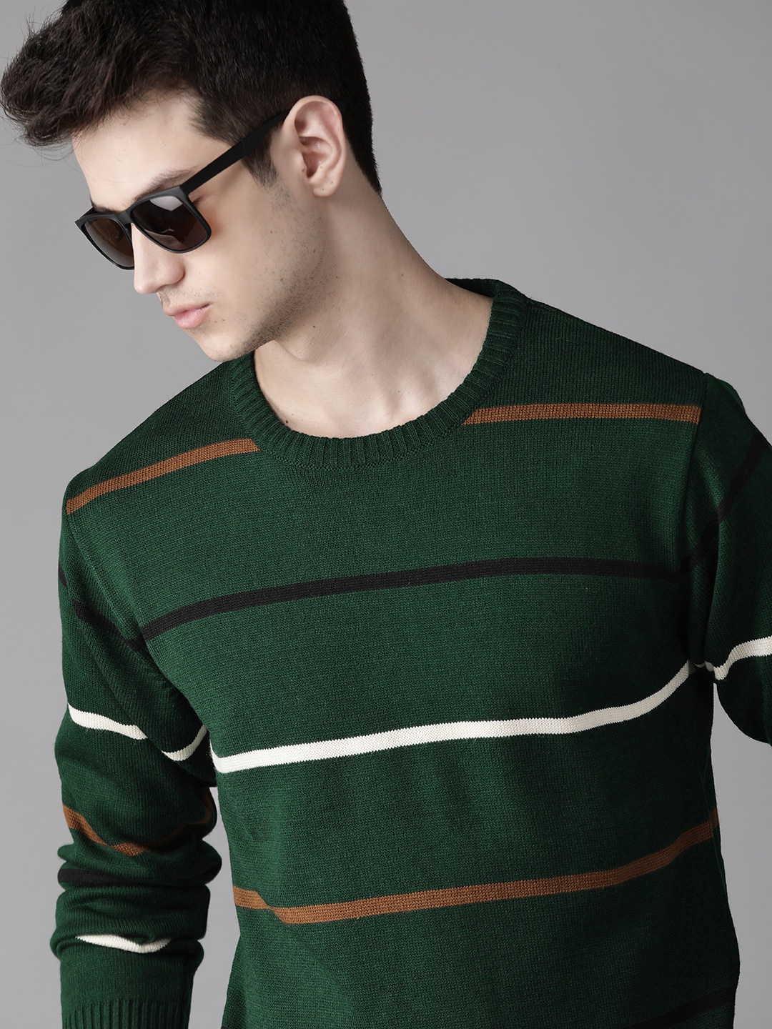 

Roadster Men Green & White Striped Pullover Sweater