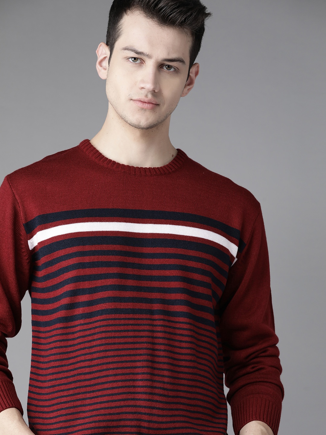 

Roadster Men Maroon & Navy Blue Striped Acrylic Sweater