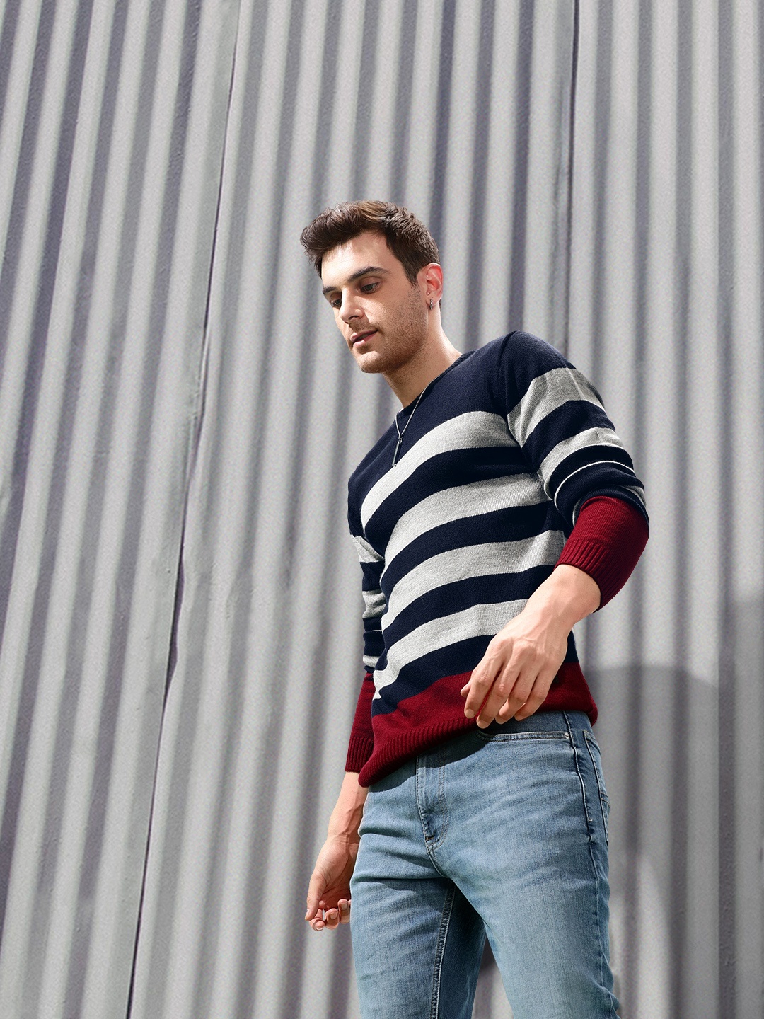 

Roadster Men Navy Blue Striped Pullover