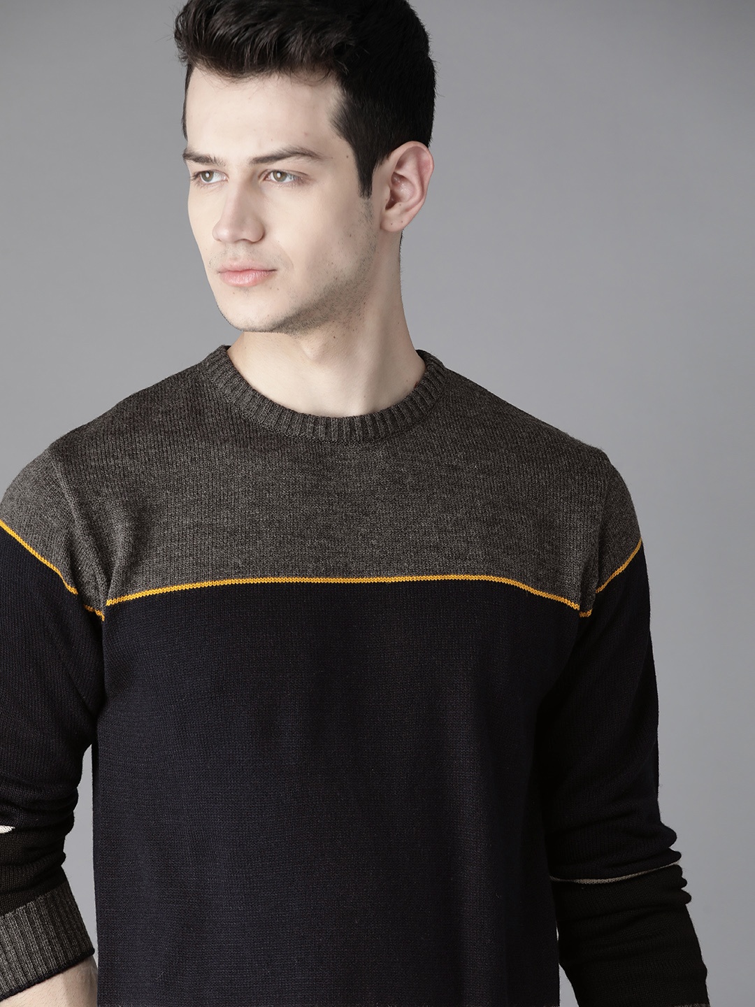 

Roadster Men Charcoal Grey & Navy Blue Colourblocked Acrylic Sweater