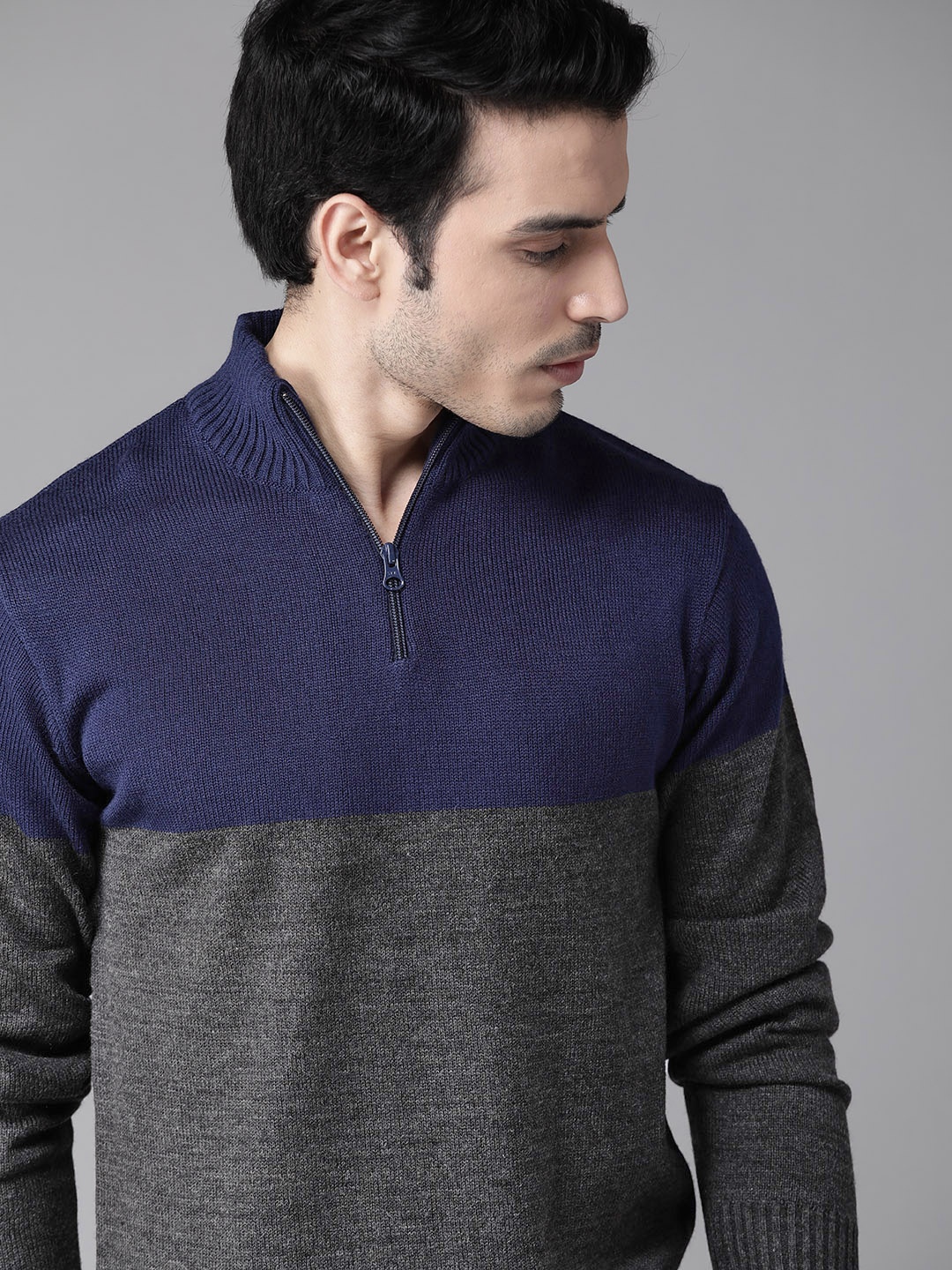 

Roadster Men Charcoal Grey & Navy Blue Colourblocked Acrylic Sweater