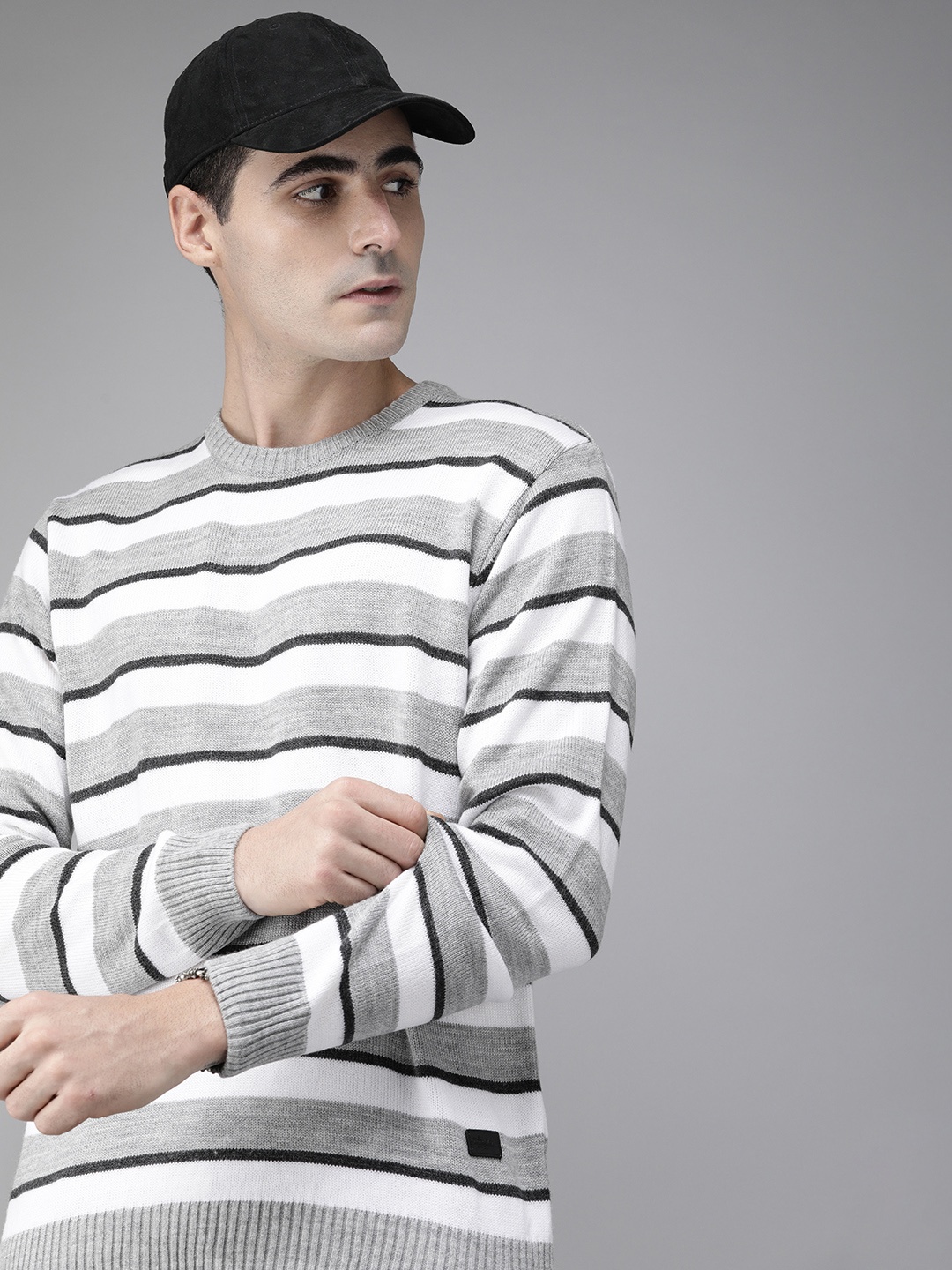 

Roadster Men Grey Melange & White Striped Acrylic Sweater