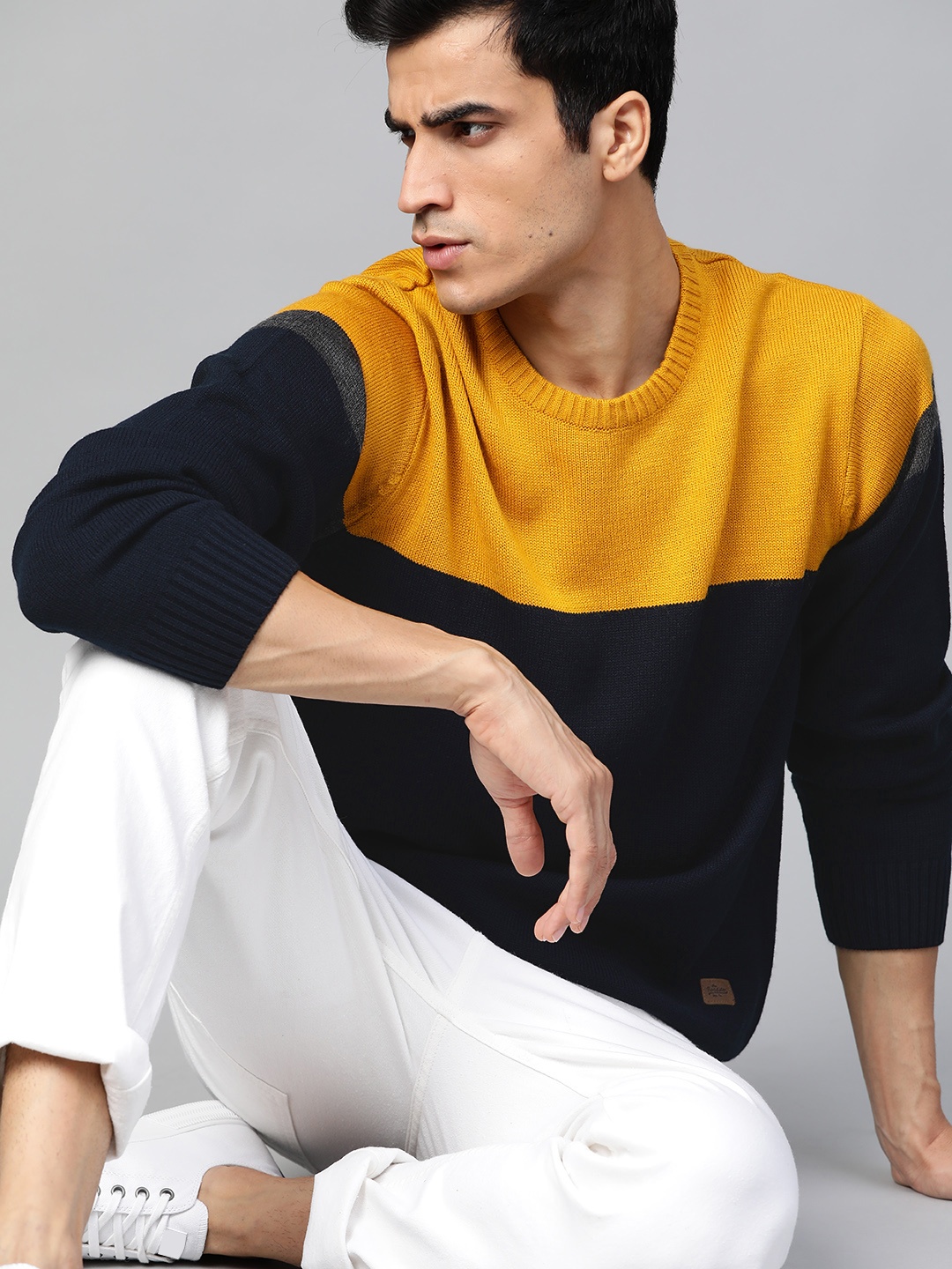 

Roadster Men Navy Blue & Mustard Yellow Colourblocked Pullover Sweater