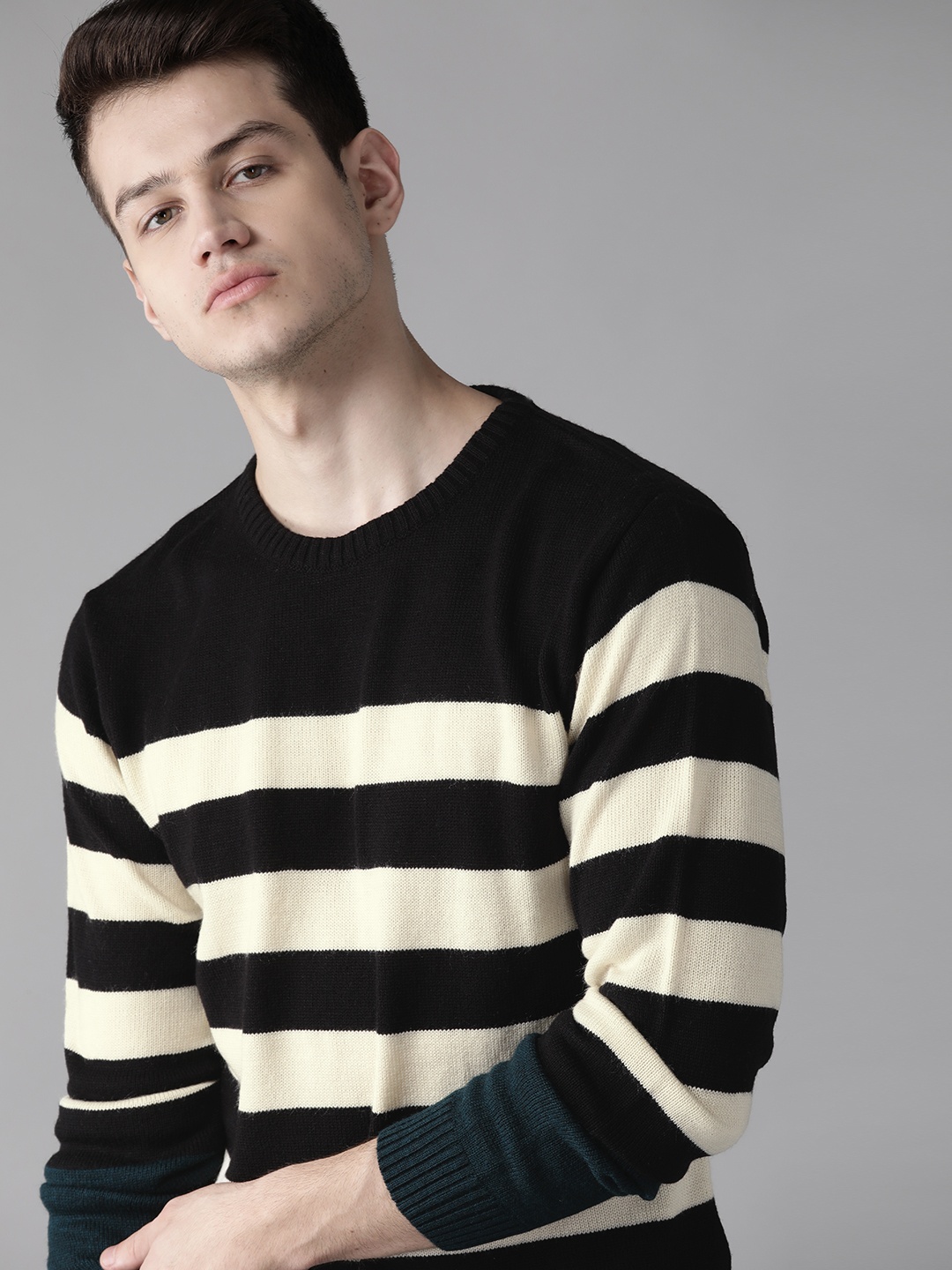 

Roadster Men Black & Off-White Striped Pullover Sweater