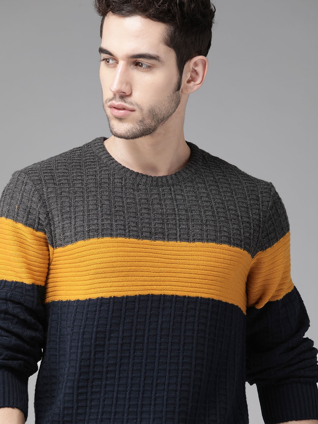 

Roadster Men Navy Blue & mustard Yellow Colourblocked Pullover Sweater