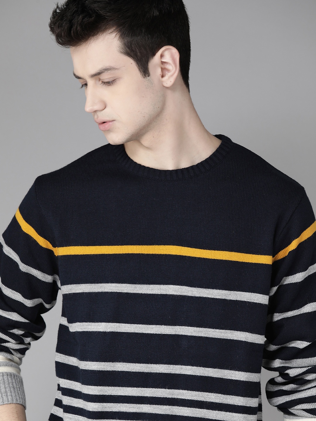 

Roadster Men Navy Blue and Grey Striped Acrylic Sweater