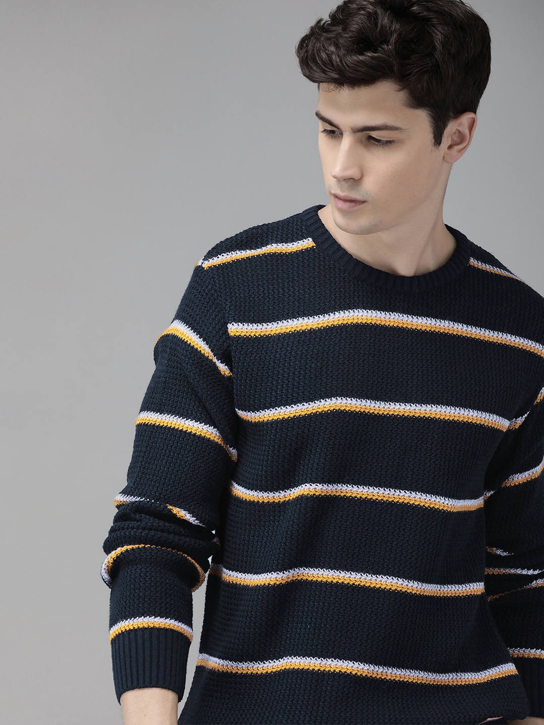 

Roadster Men Navy Blue & Yellow Striped Acrylic Pullover Sweater