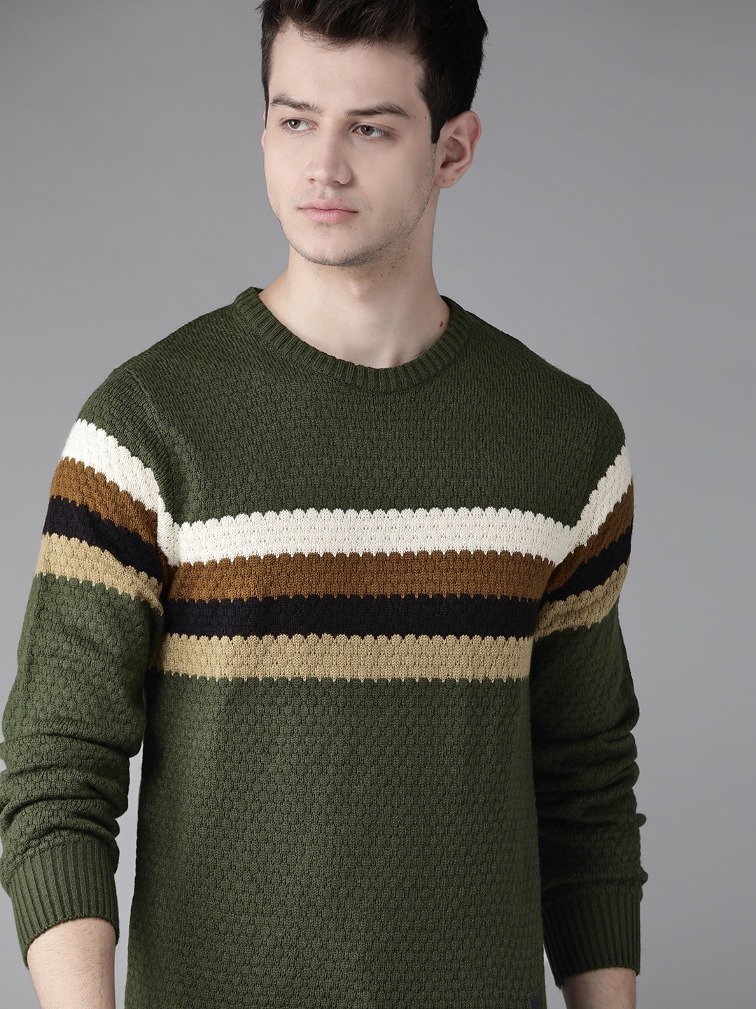 

Roadster Men Olive Green & Off-White Striped Pullover Sweater