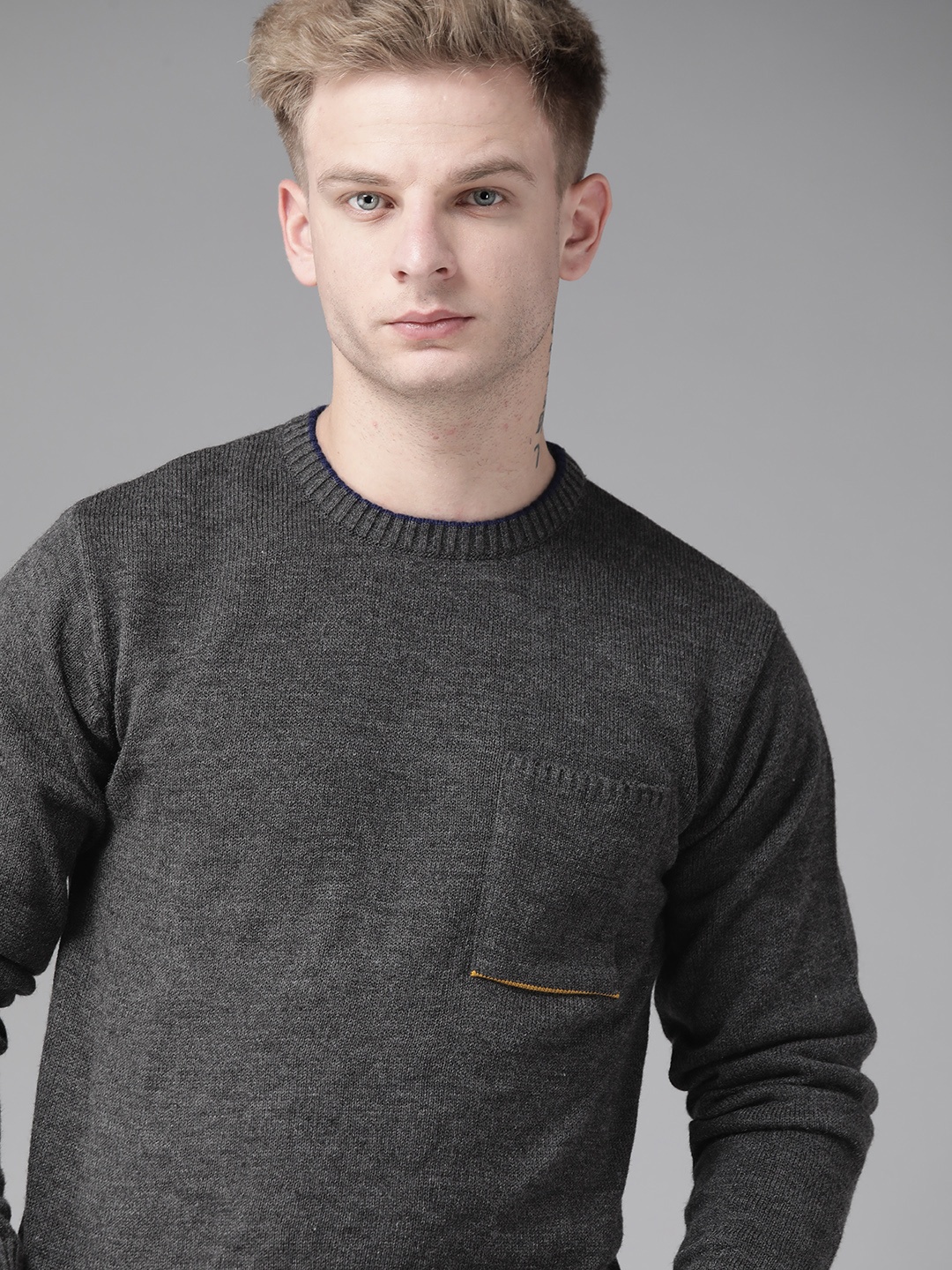 

Roadster Men Charcoal Grey Solid Pullover Sweater