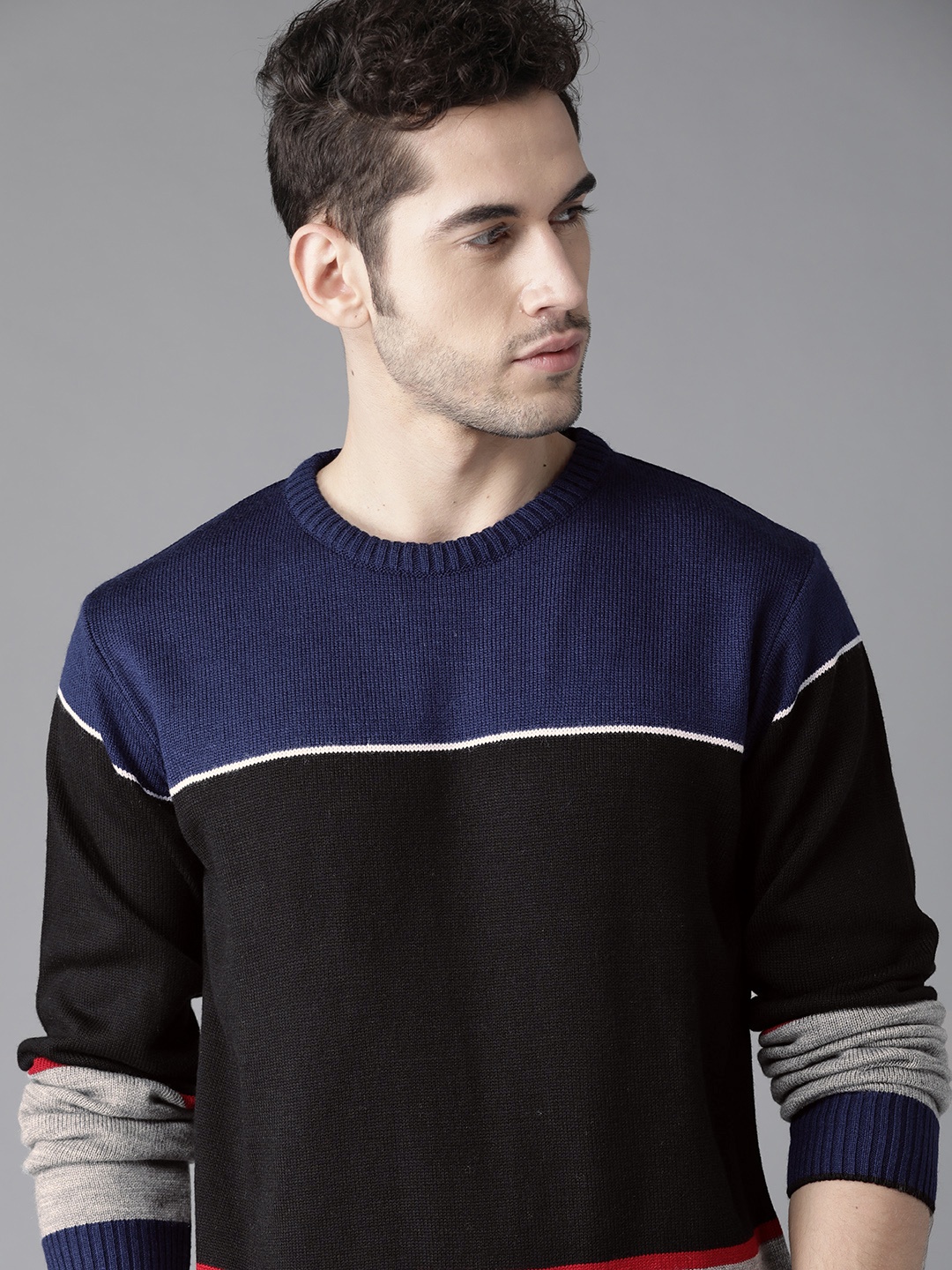 

Roadster Men Blue & Black Colourblocked Acrylic Sweater