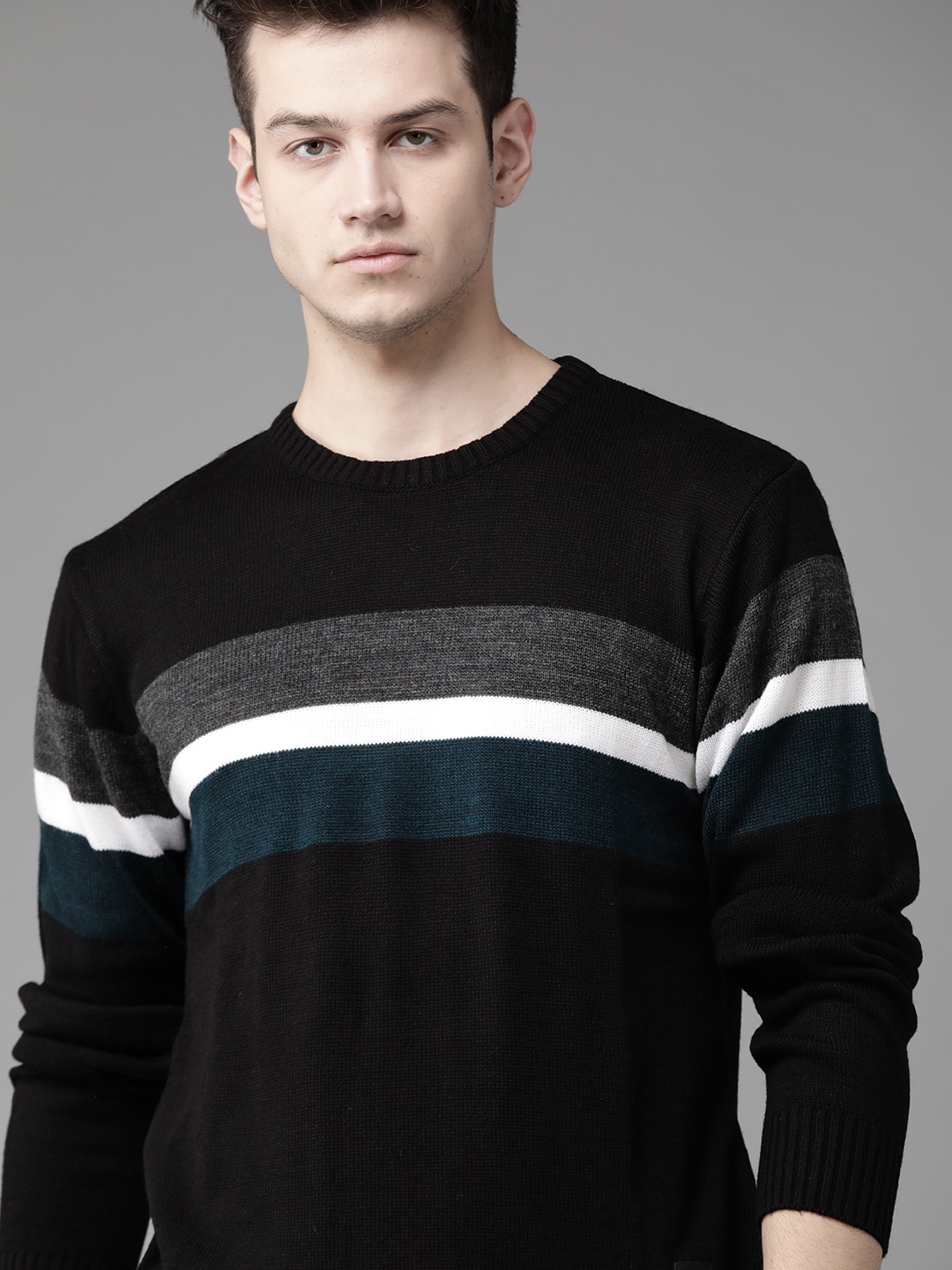 

Roadster Men Black & White Striped Pullover