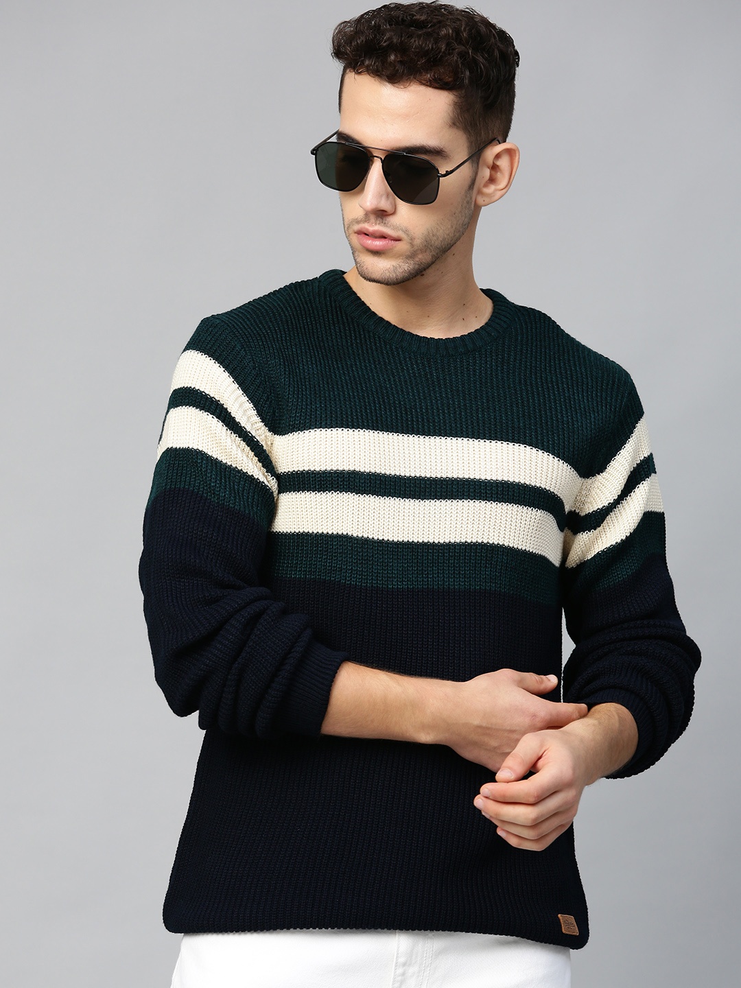 

Roadster Men Navy Blue & Off-White Striped Pullover