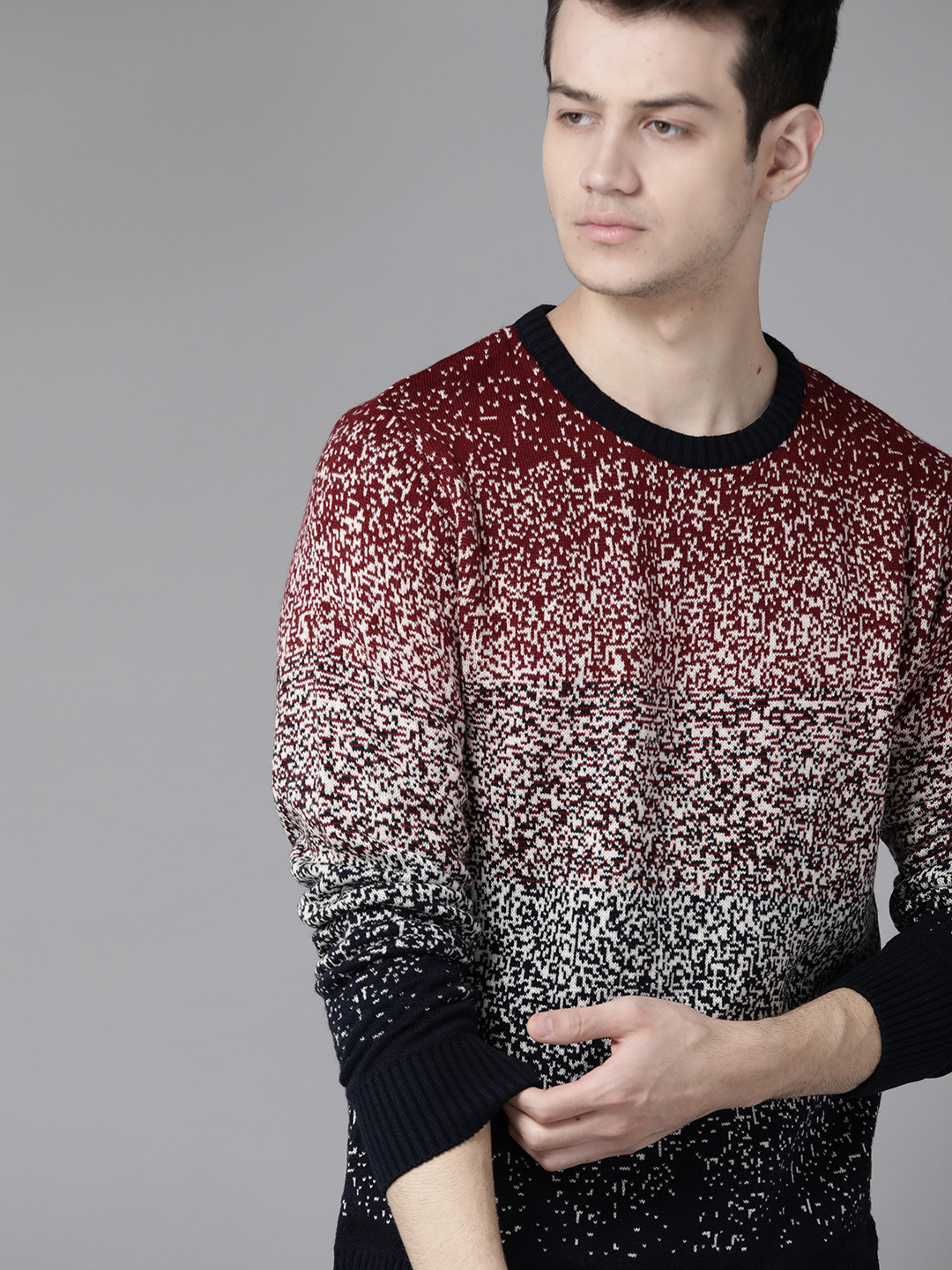 

Roadster Men Maroon & Off-White Self Design Pullover