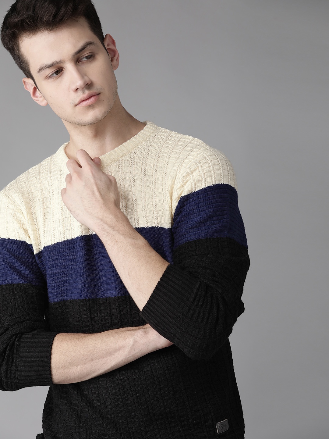 

Roadster Men Off-White & Black Colourblocked Acrylic Sweater