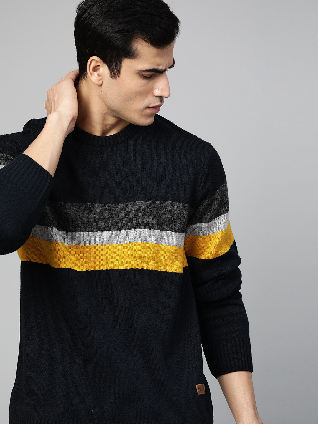 

Roadster Men Black & Mustard Yellow Striped Pullover Sweater