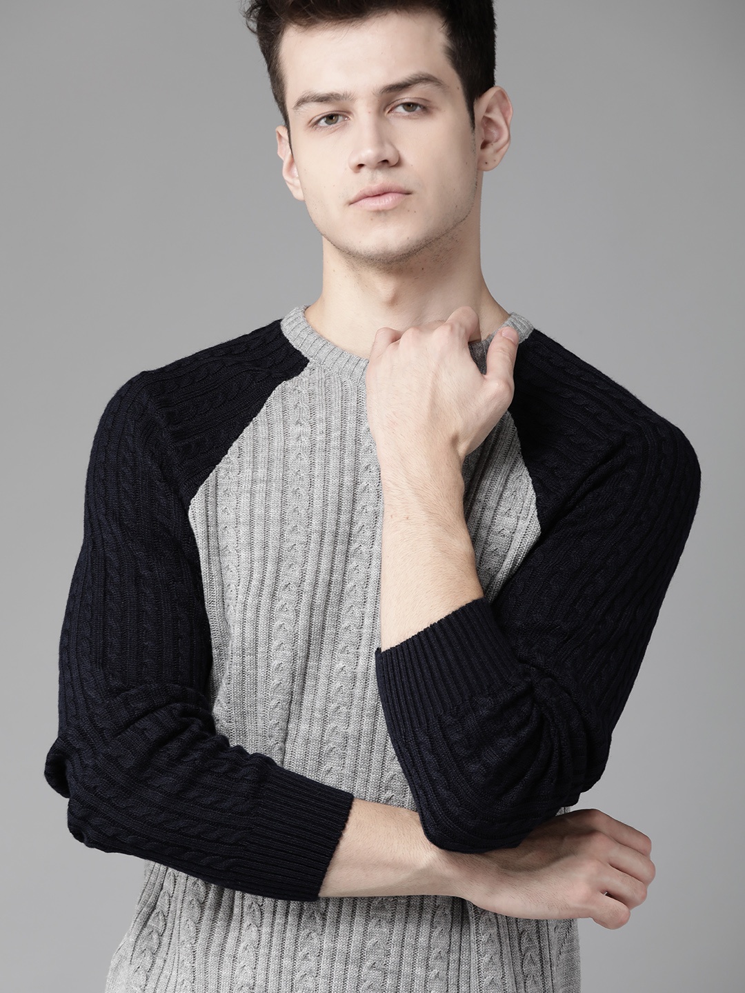 

Roadster Men Grey Melange Cable Knit Patterned Pullover