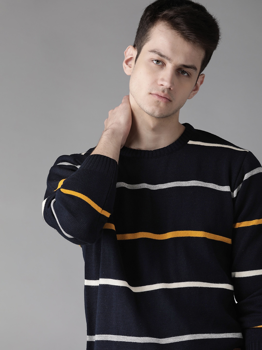 

Roadster Men Navy Blue & White Striped Pullover Sweater