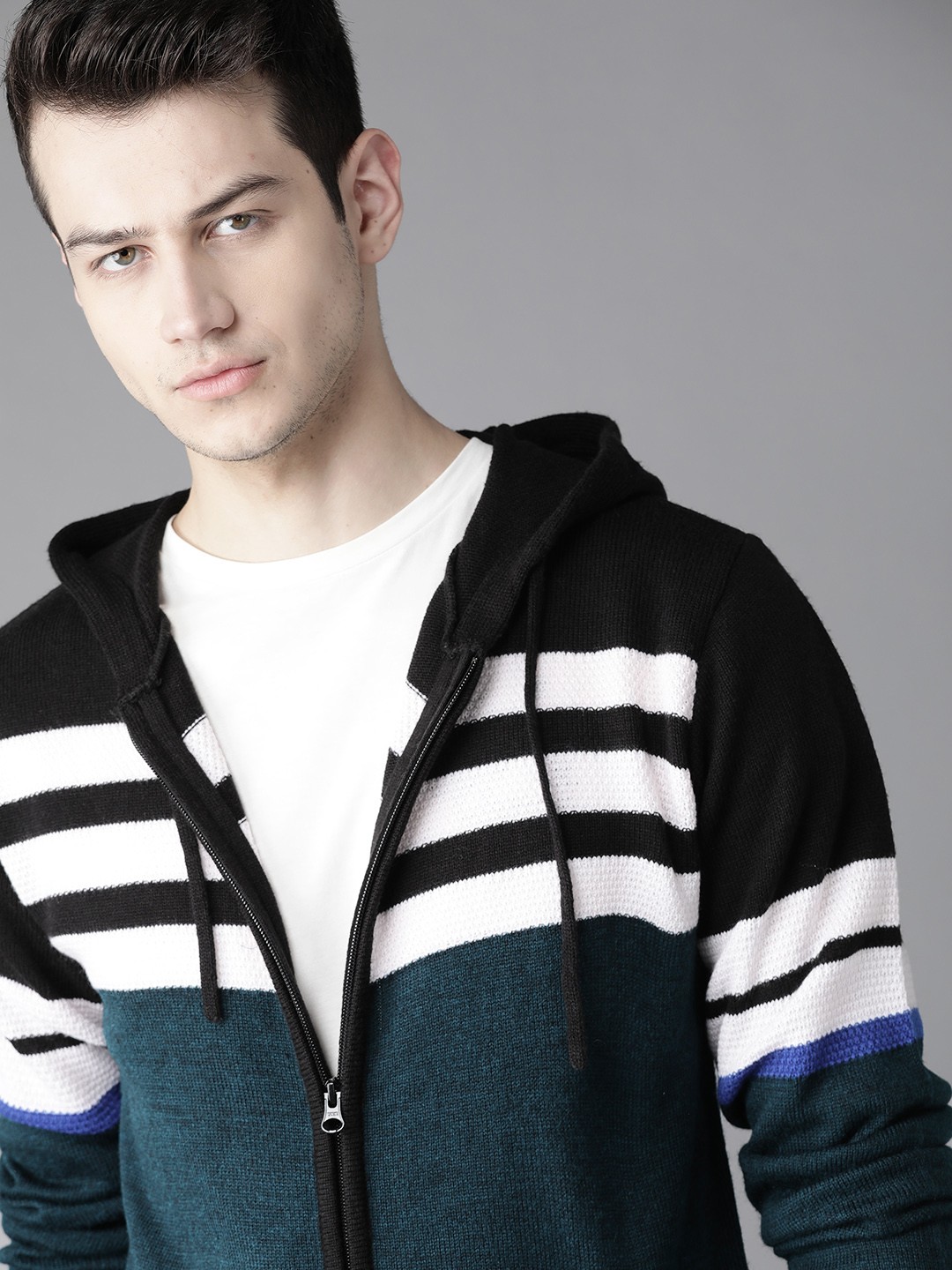 

Roadster Men Black & Teal Blue Striped Hooded Sweater
