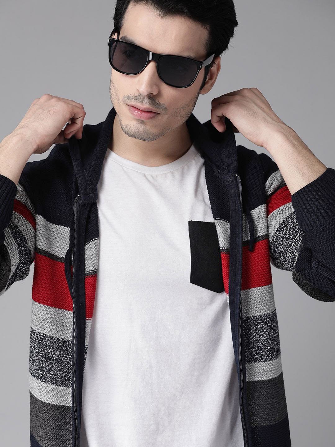 

Roadster Men Navy Blue & Grey Melange Striped Hooded Cardigan