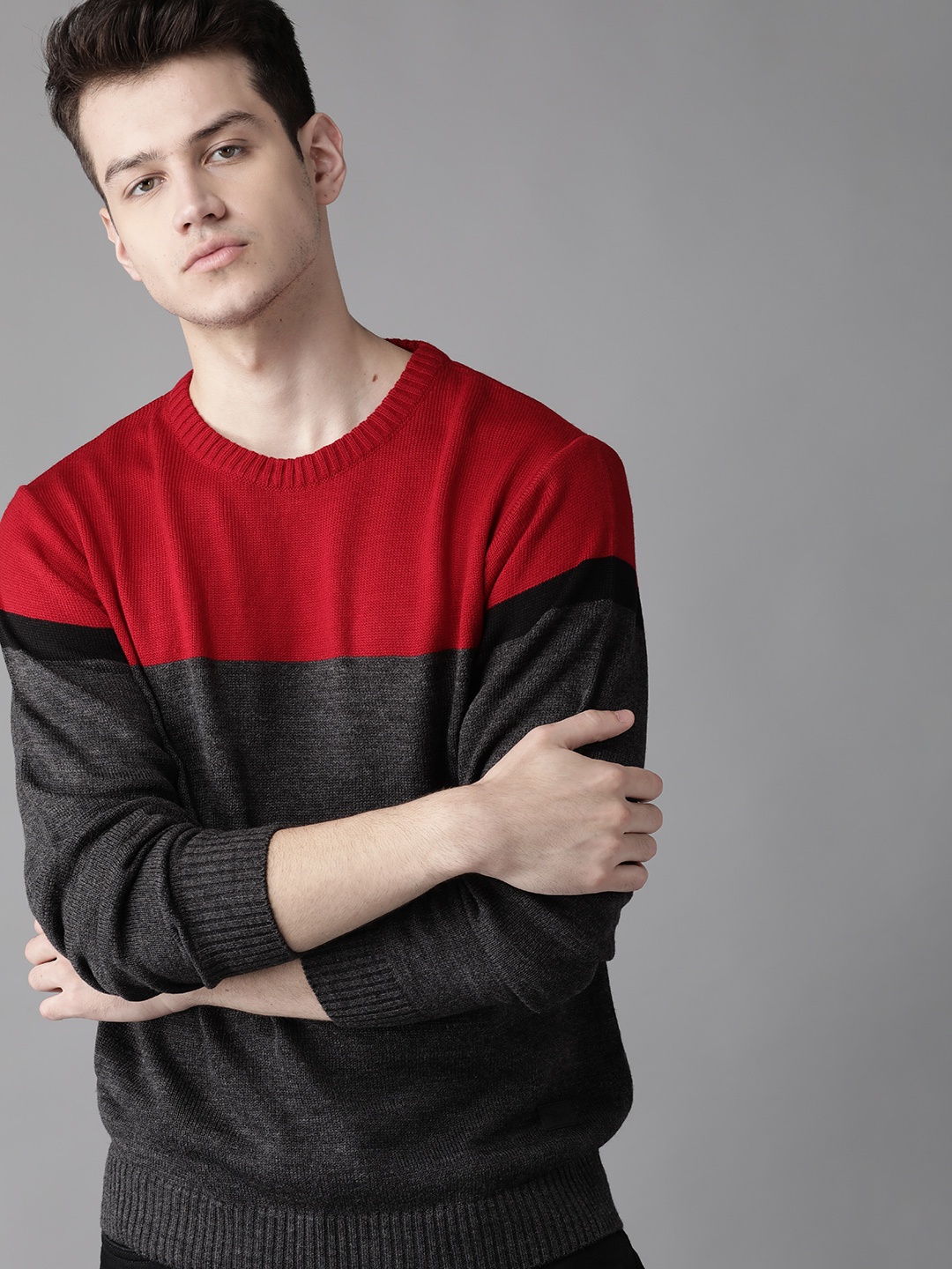 

Roadster Men Charcoal Grey & Red Colourblocked Pullover Sweater