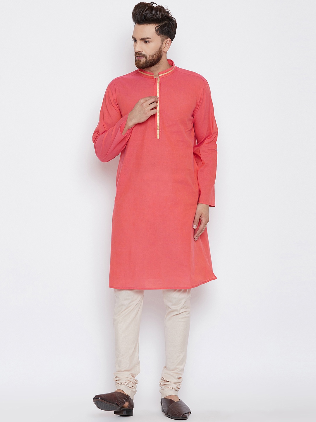 

even Men Coral Pink Solid Straight Kurta