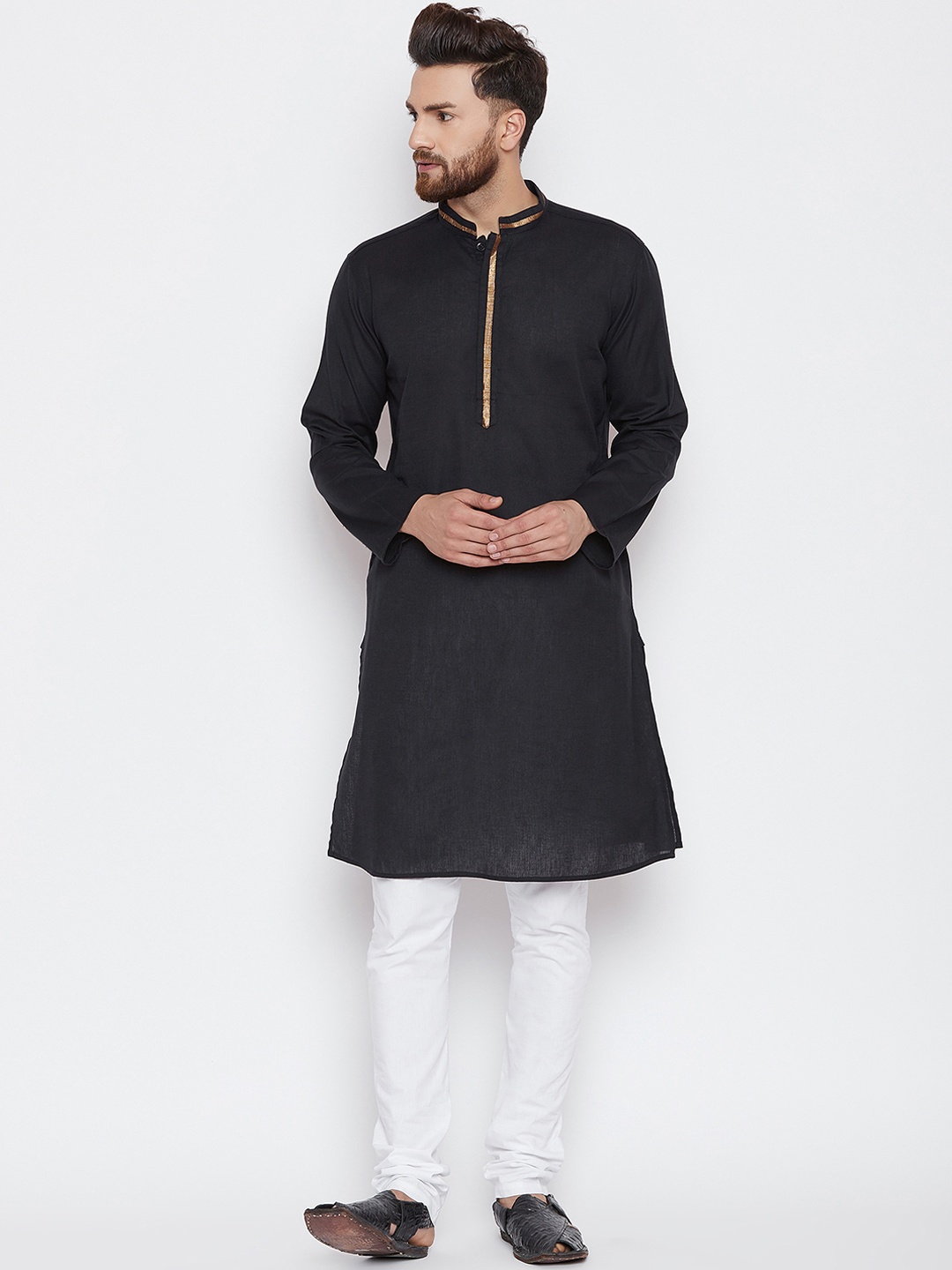 

even Men Black Solid Straight Kurta