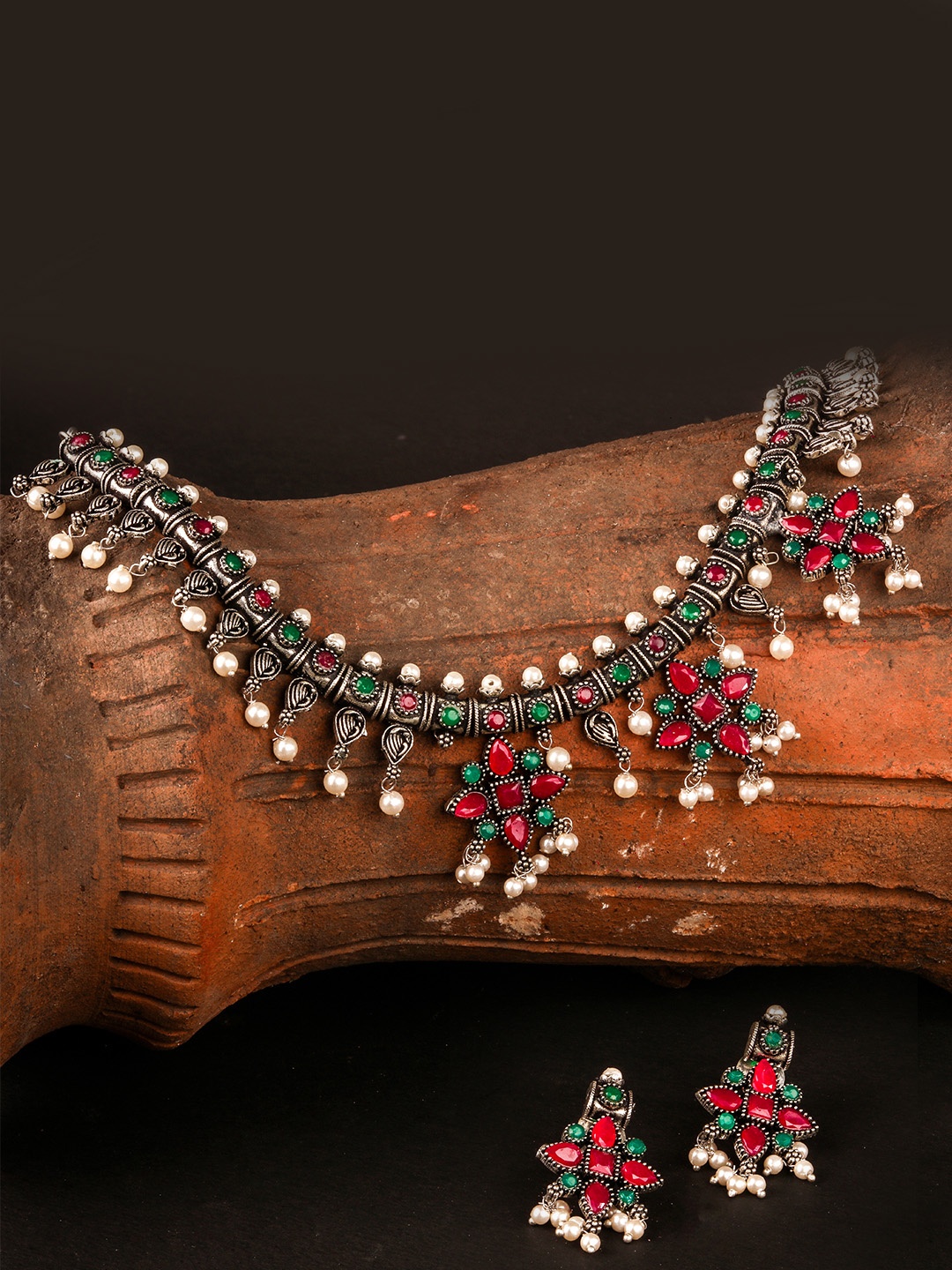 

LAIDA Oxidised Silver-Plated Pink & Green Stone-Studded Beaded Jewellery Set