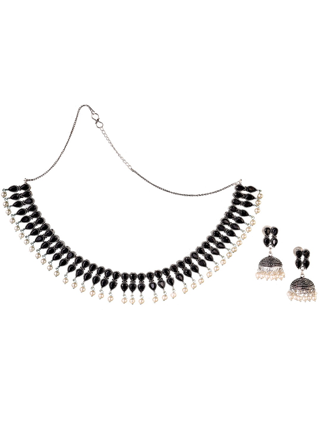 

LAIDA Oxidised Silver-Plated Black & White Stone-Studded Beaded Jewellery Set