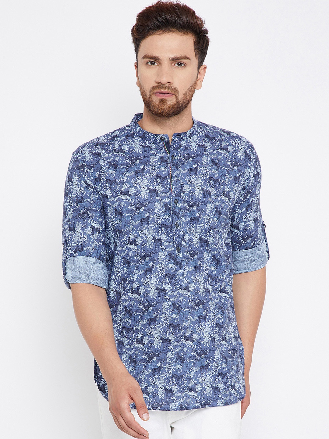 

even Men Blue & Off-White Printed Straight Kurta