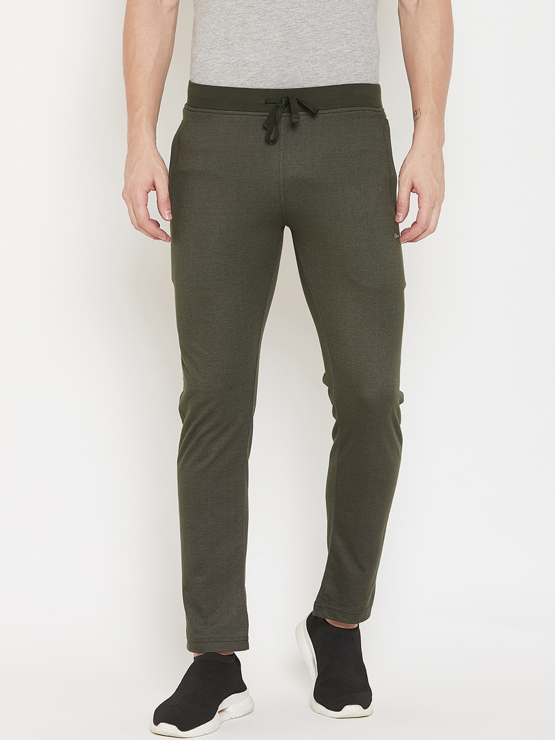 

Okane Men Olive Green Self-Design Slim-Fit Track Pants