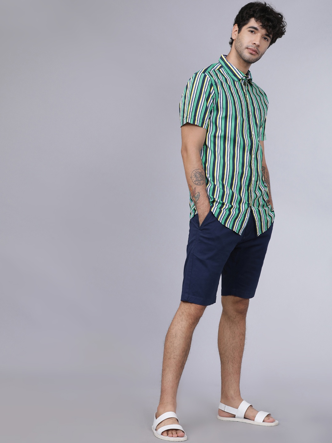 

HIGHLANDER Men Green & Navy Blue Slim Fit Striped Casual Shirt