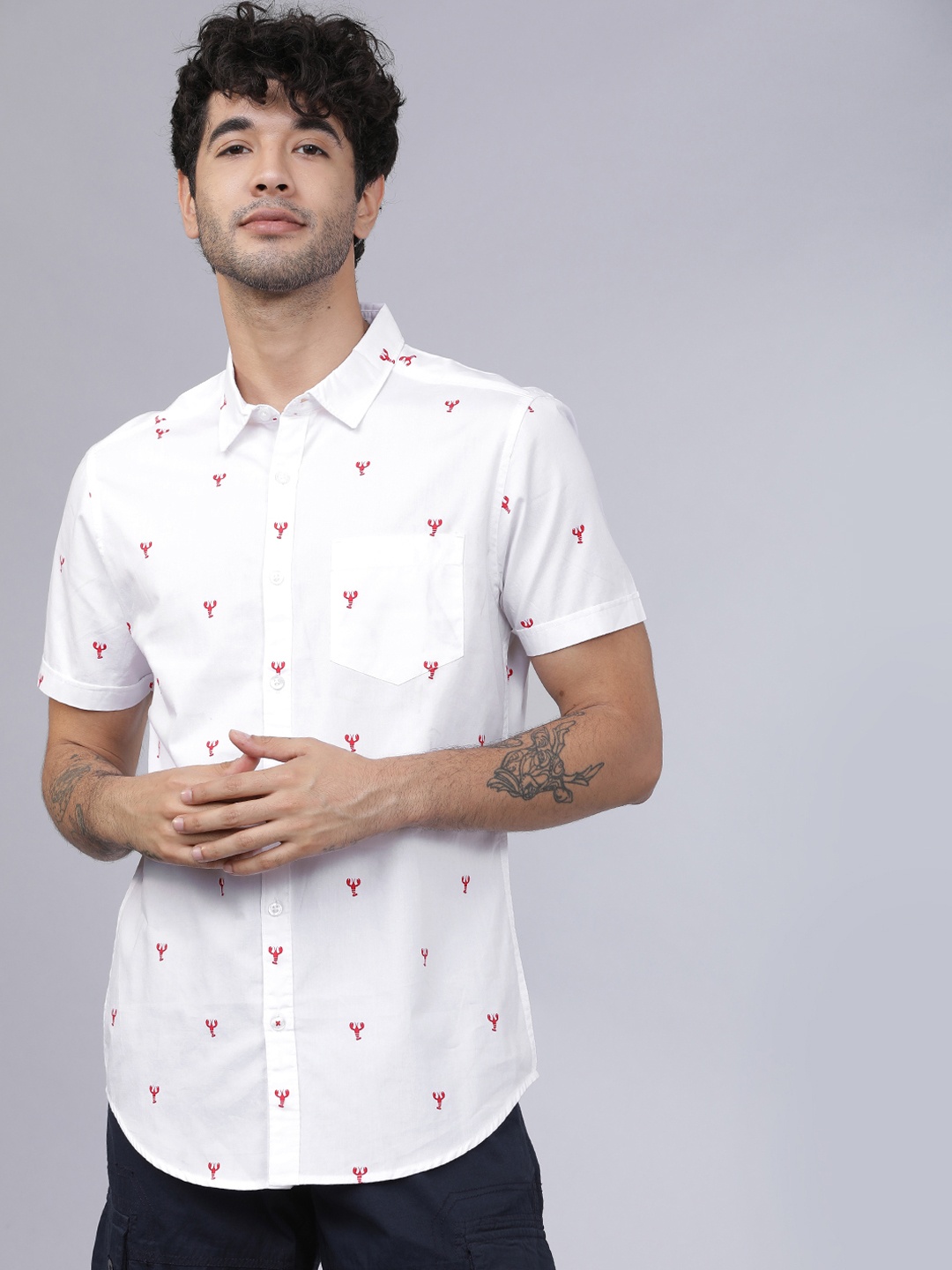 

HIGHLANDER Men White & Red Slim Fit Printed Casual Shirt