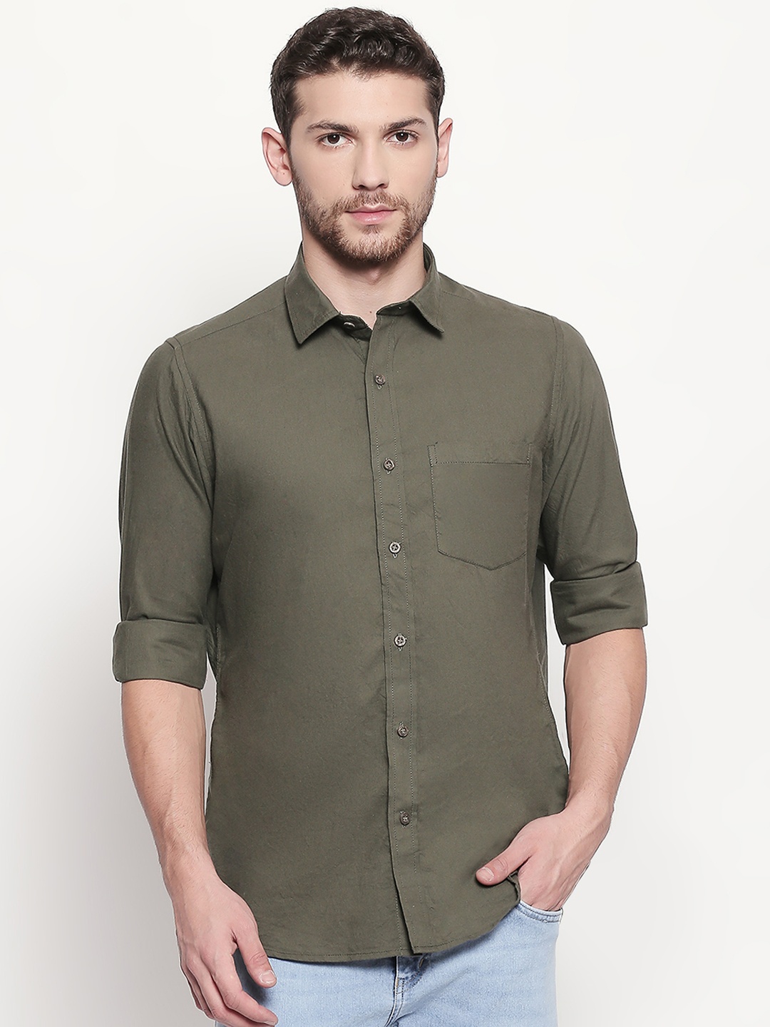 

EVOQ Regular Fit Cotton Linen Casual Shirt, Green