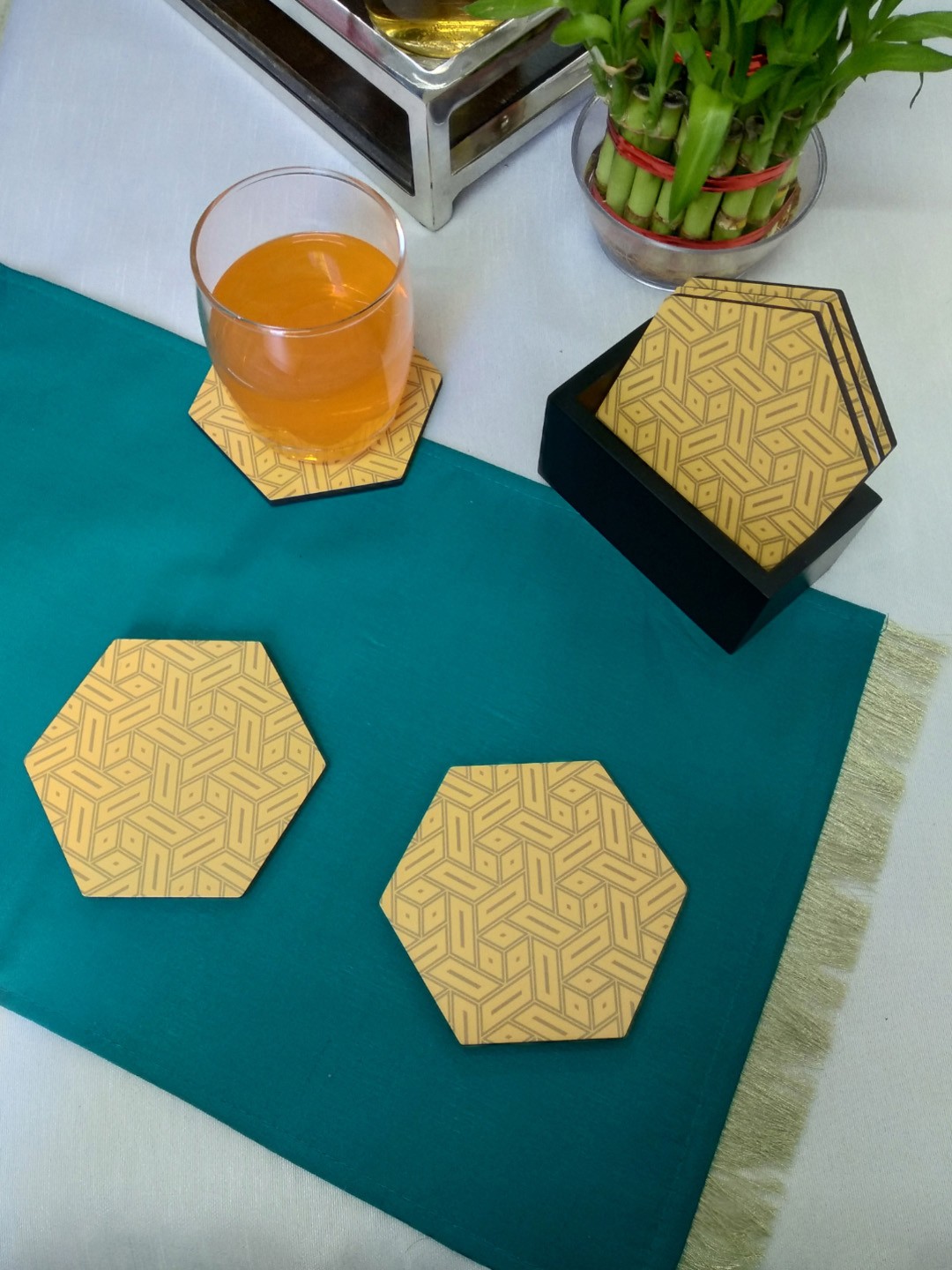 

CRAYTON Set of 4 Yellow Geometric Printed Hexagon MDF Coasters