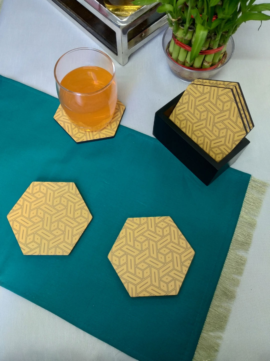 

CRAYTON Set of 6 Yellow Geometric MDF Coasters With Holder