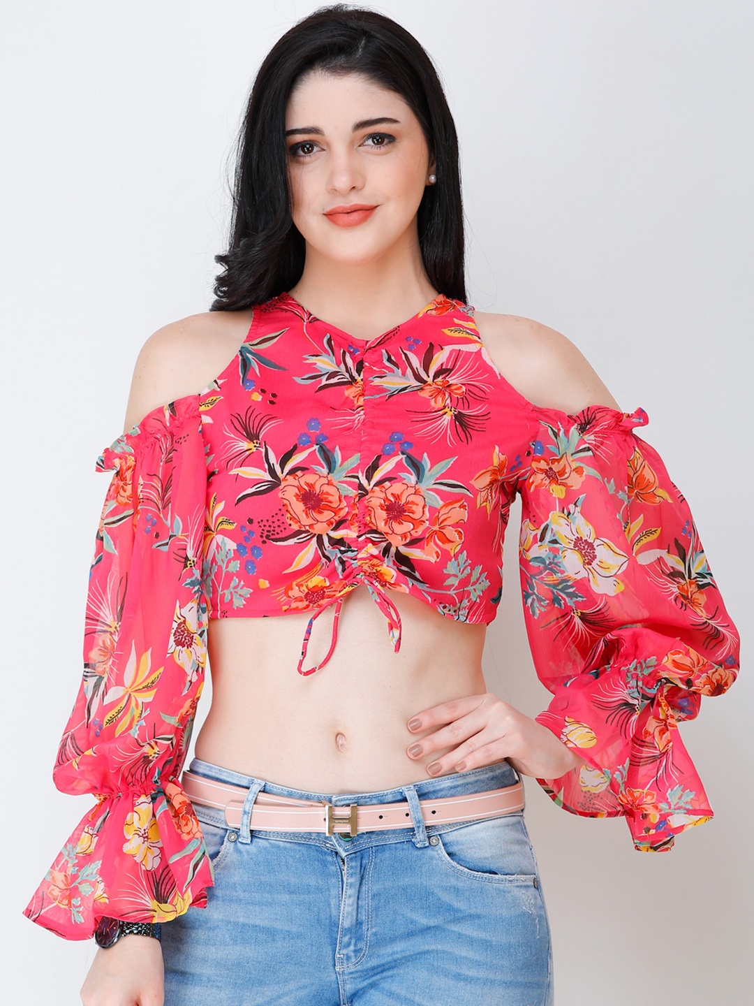

SCORPIUS Floral Print Chiffon Crop Top, Pink