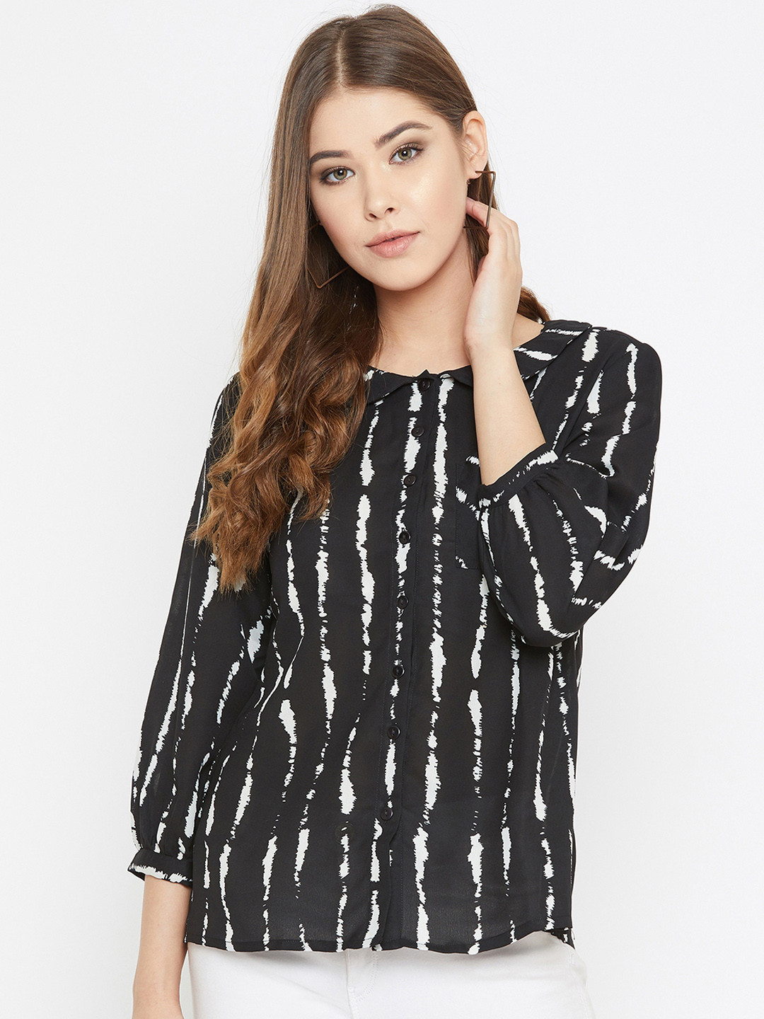 

Ruhaans Women Black & White Regular Fit Striped Casual Shirt