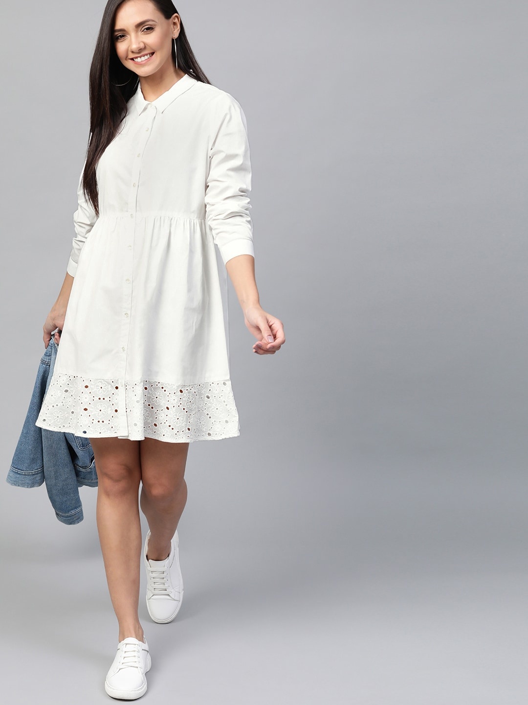 

Mast & Harbour White Schiffli Embroidered Hem Shirt Dress