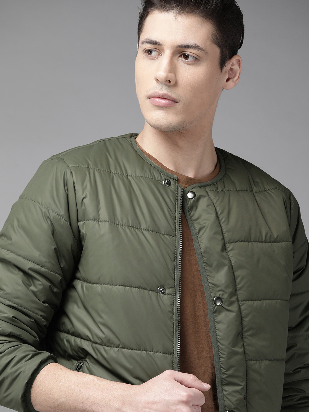 

Roadster Men Olive Green Soft Padded Collarless Jacket