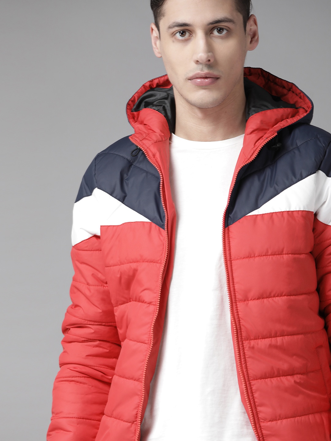 

Roadster Men Red & Navy Blue Colourblocked Hooded Padded Jacket